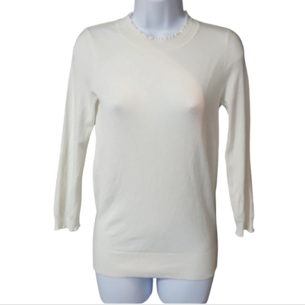 Max Studio White Long Sleeve Ruffle Detail Sweater Top